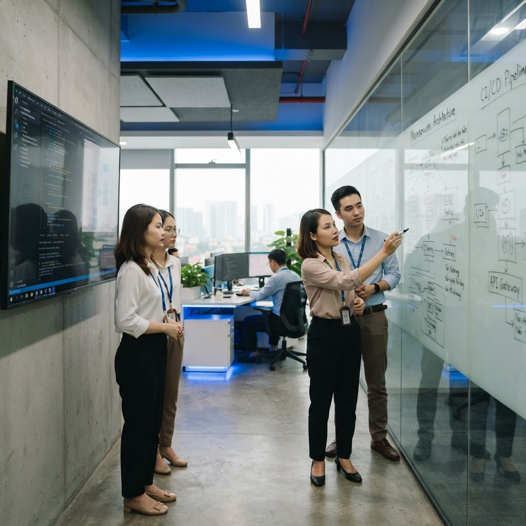 LakyLabs engineering team collaborating in a modern office